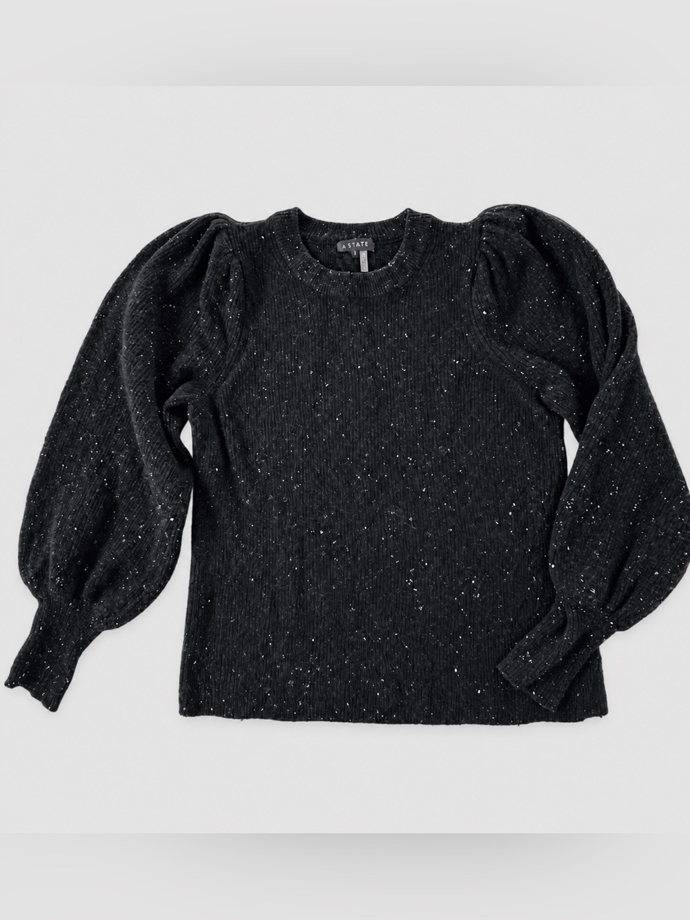 1.STATE Balloon Sleeve Rib Sweater Rich Black Flecked Size L
